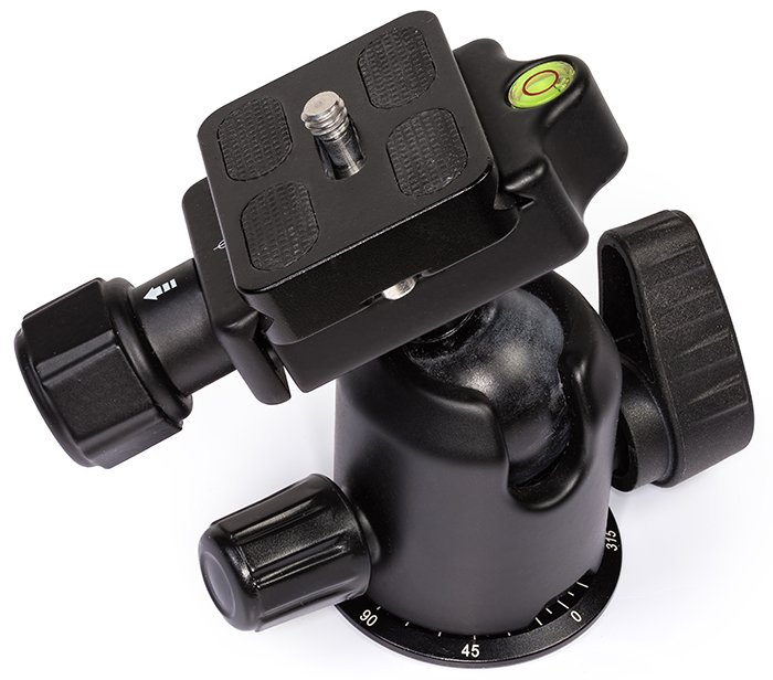 Tripod Ball head of a photographic tripod with mounted detachable plate