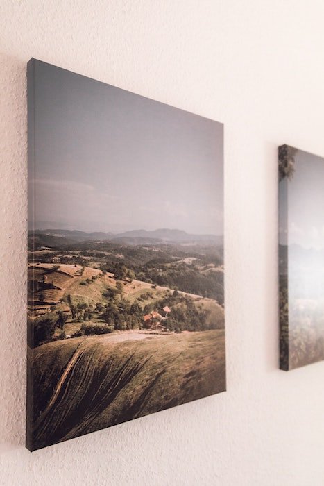 Landscape canvas prints hung up on a wall