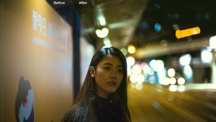 Before and after photo of a girl by a road at night