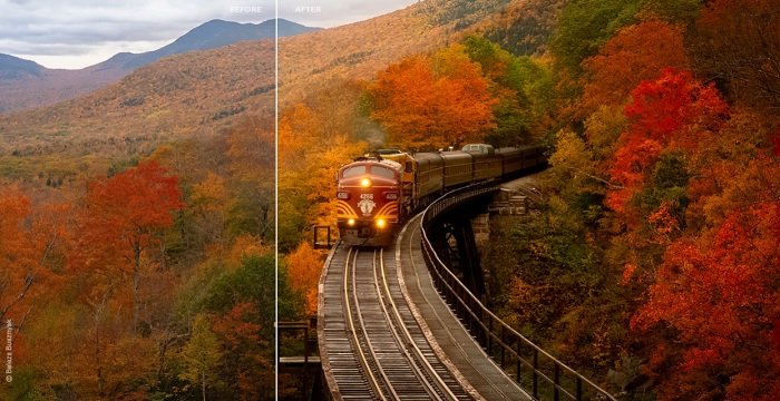Before/After image of a train heading through a forest in fall