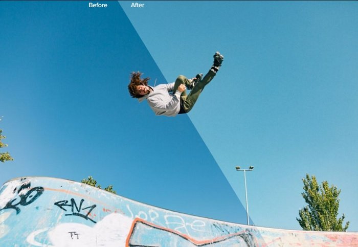 Before and after using a luminar preset for a skateboarder in the air