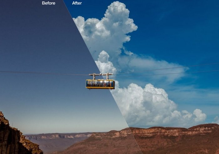 Before and after image of cable car over a canyon 