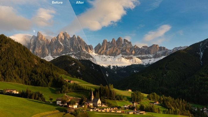 Before and after Landscape photo of a mountain village