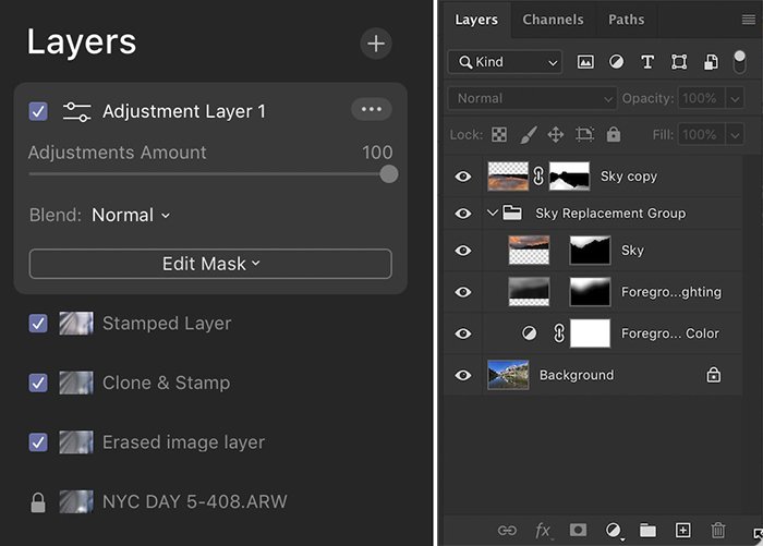 Screenshot comparing Luminar 4 and Photoshop Layer panels