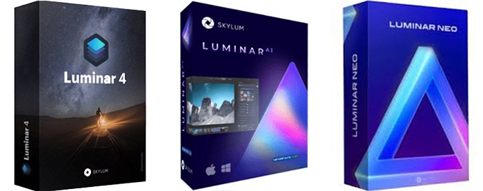 Three software boxes for Luminar 4, Luminar AI, and Luminar Neo