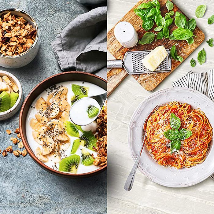Flatlay diptych of soup and spaghetti on light backdrops