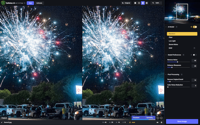 Screenshot of Topaz DeNoise AI demo picture of fireworks