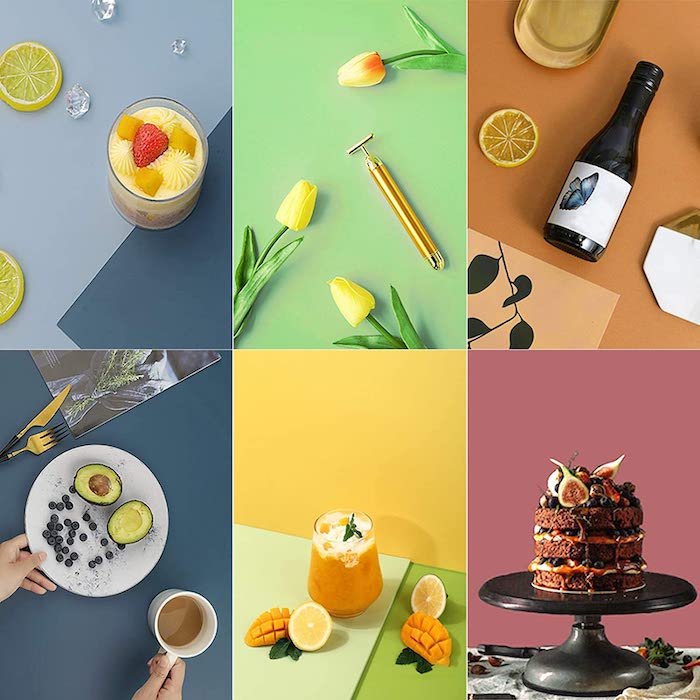 A collage of food items against different color food photography backdrops