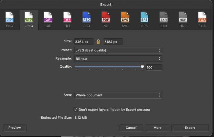 screenshot Affinity Photo export window