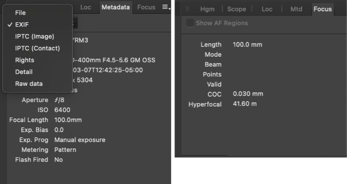 Screenshot Affinity Photo metadata and focus panels