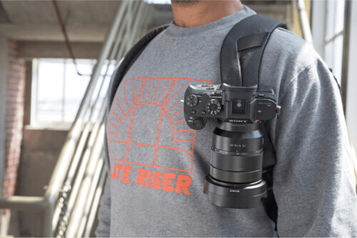Peak Design Everyday Backpack and Camera Clip carrying a camera