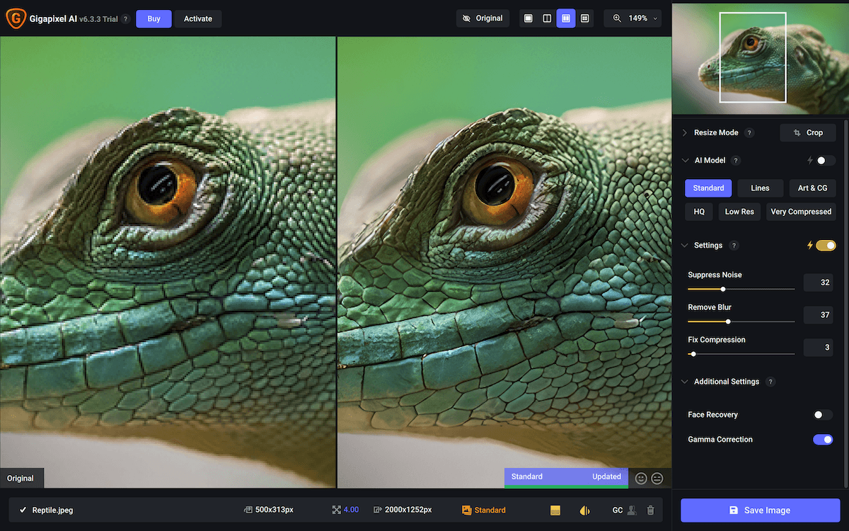 Screenshot and close-up of a scaled-up sample lizard image in Topaz Gigapixel AI trial version showing before and after