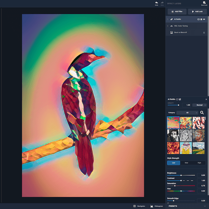 Colorful abstract Image of a bird with Topaz Studio 2 AI ReMix filter