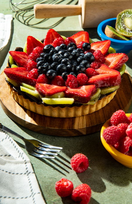 Angled shot of fruit tart