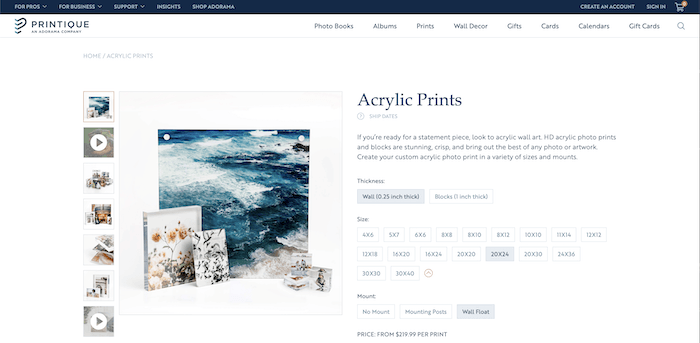 printique Acrylic photo print service homepage