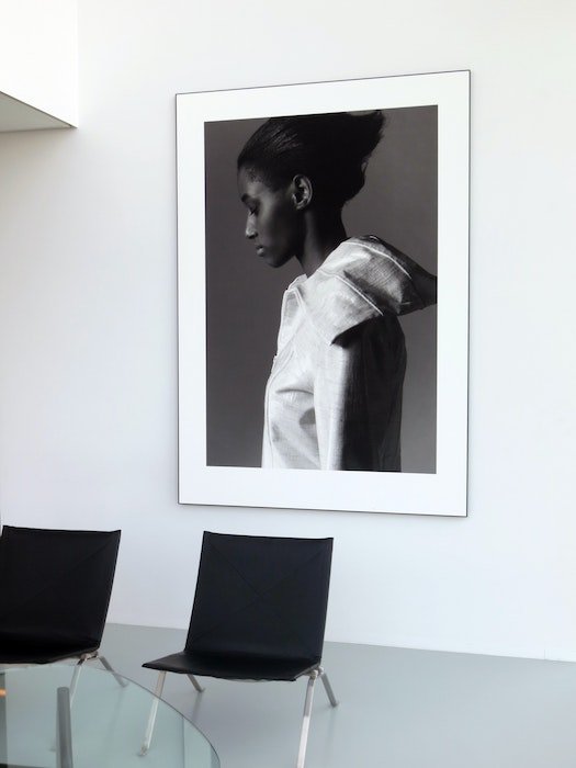 Black and white print on office wall