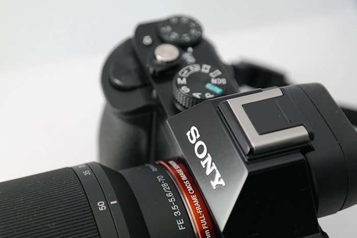 Close-up of Sony mirrorless camera with lens