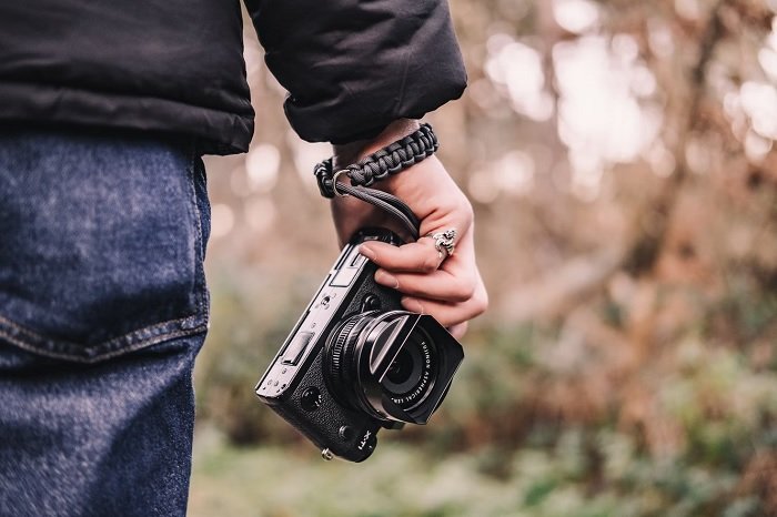 Hand holding a compact camera with a wrist strap