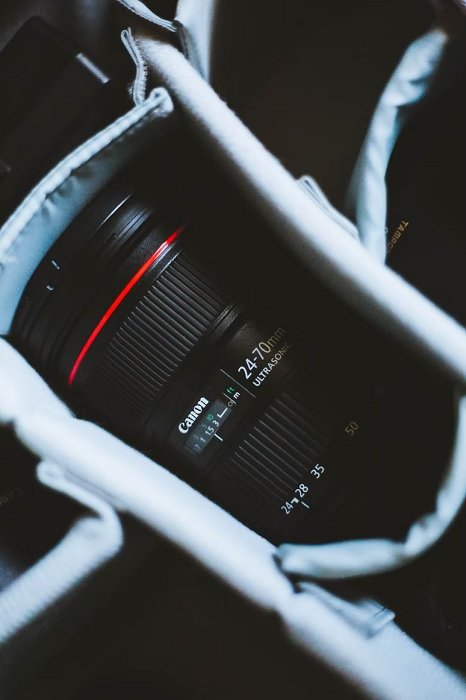Canon USM lens in a camera bag