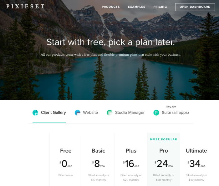 Screenshot of the plans that Pixieset offers