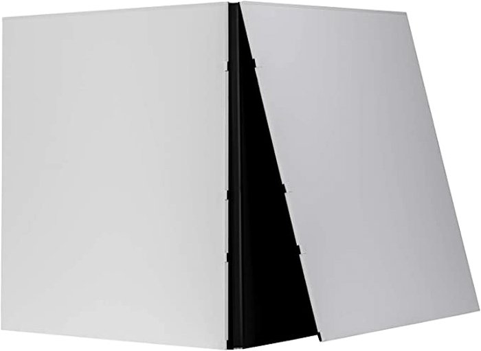 A folded black and white v-flat