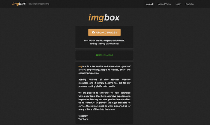 screenshot of the ImgBox homepage