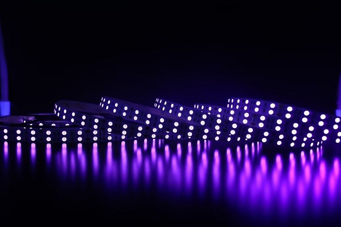 Purple strip lights in a dark room