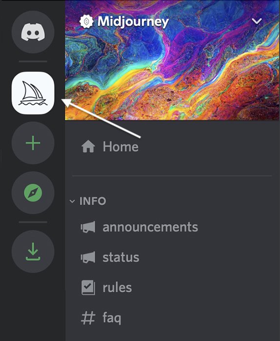 Screenshot of Midjourney server on Discord app with Boat icon