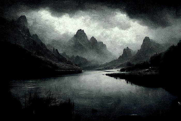 AI-generated image on Midjourney by Jenn Mishra of a black-and-white landscape