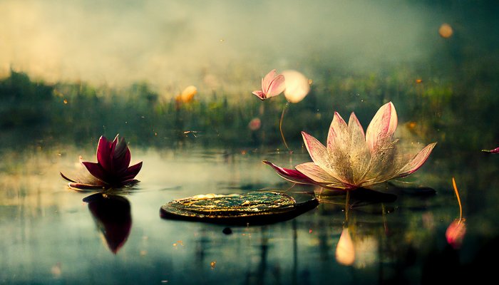 AI-generated image on Midjourney by Jenn Mishra of lotus flowers on water
