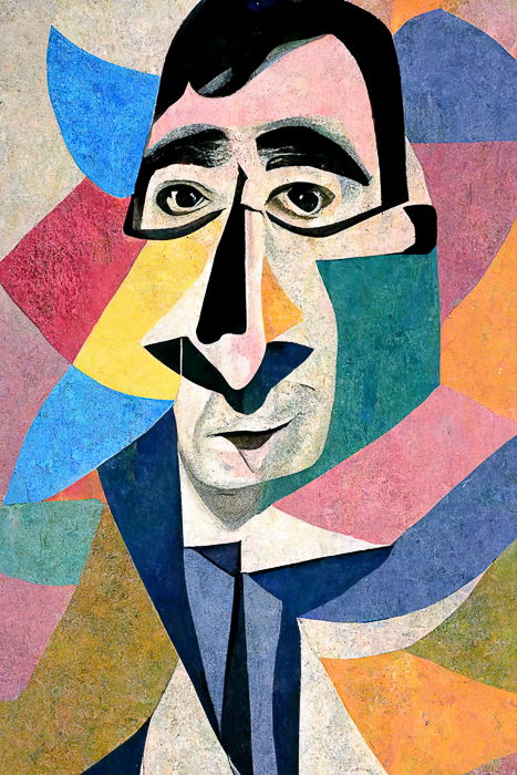 Imagem gerada pela IA em Midjourney por Jenn Mishra, de John Oliver, no estilo de Picasso