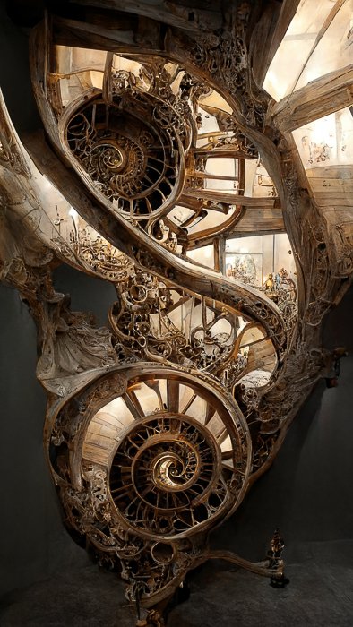 AI-generated image on Midjourney by Jenn Mishra of a spiral staircase