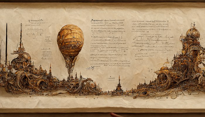 AI-generated image on Midjourney Jby enn Mishra of an old manuscript with a hot air balloon