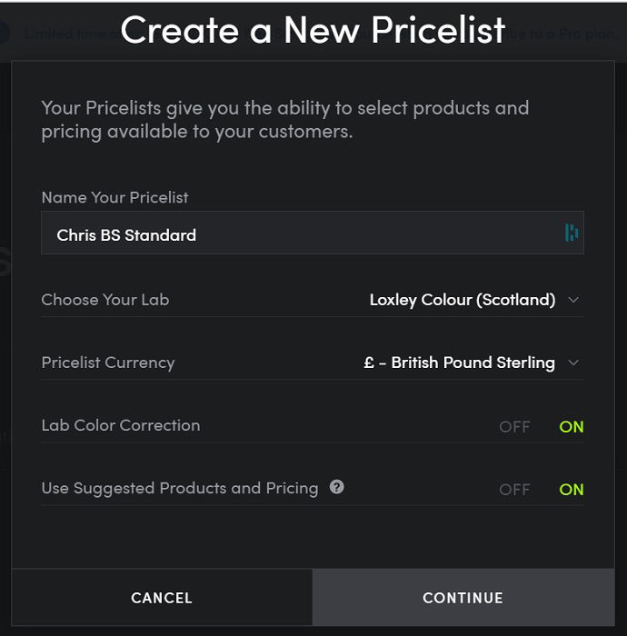 Price list creation window in Smugmug