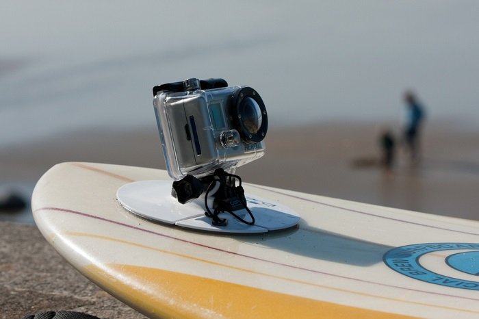 GoPro Hero in a case on a surf board