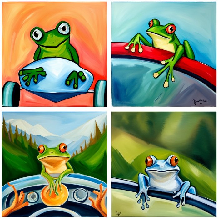 Four acrylic style AI paintings of frogs