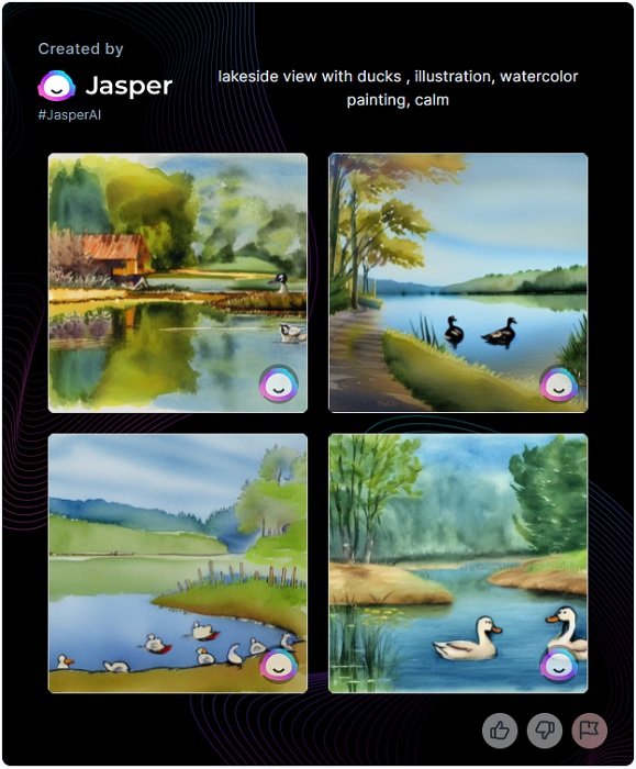 Jasper Art generated images of ducks by a lakeside in a watercolor style