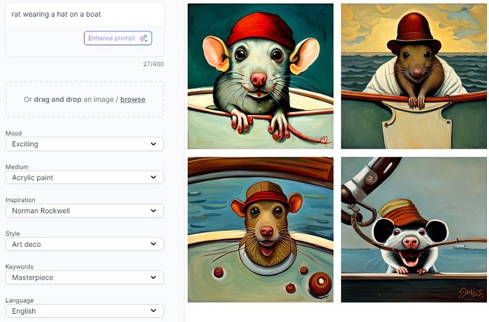Screenshot of Jasper Art interface generating images of a rat on a boat