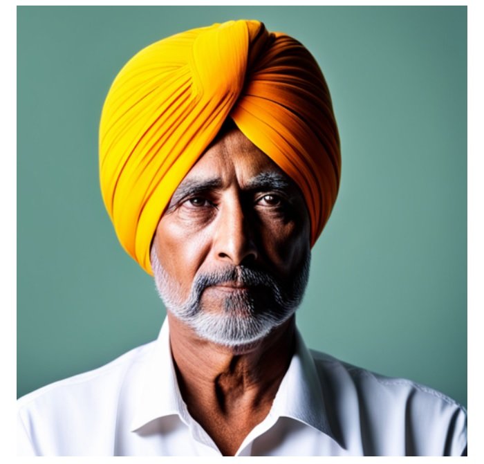 AL-generated portrait of a Sikh man in a yellow turban with crazy eyes