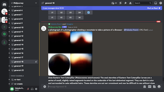 Screenshot of the Midjourney prompt and interface to create an image