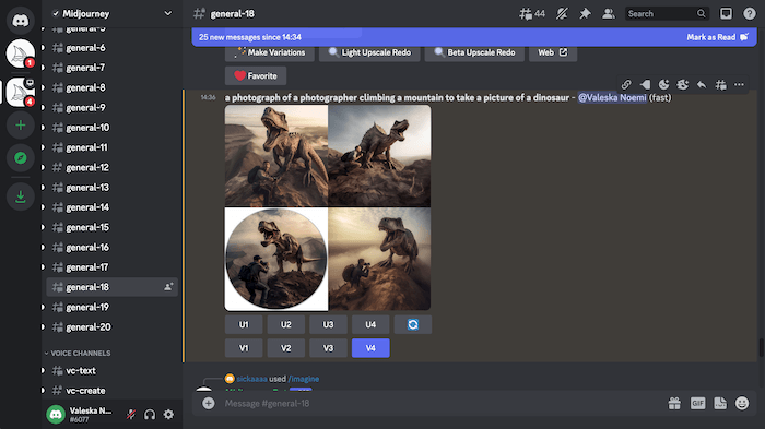 Screenshot of Midjourney's interface options to create an AI image of a photographer and a dinosaur