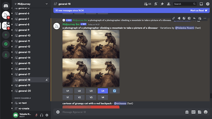 Screenshot of Midjourney's interface used to fine tune an AI image of a photographer and a dinosaur