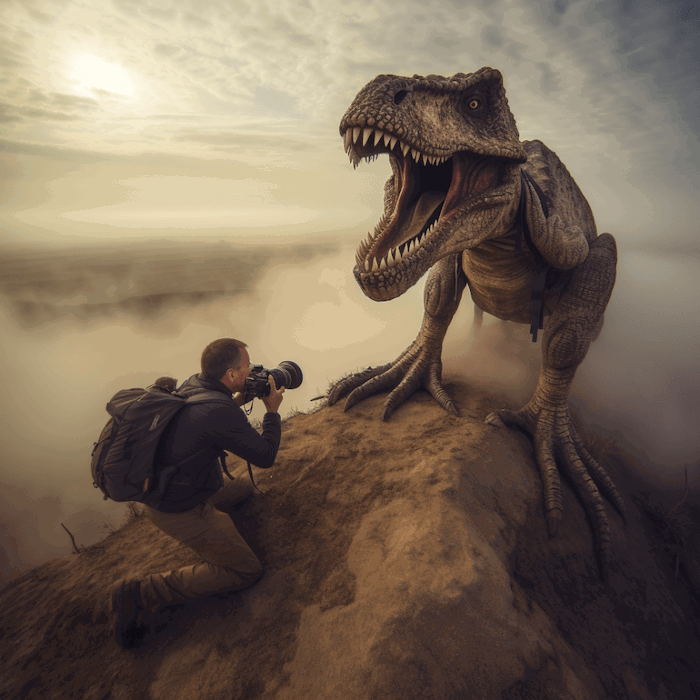 Imagem gerada pela IA de um fotógrafo e um Tyrannosaurus Rex criado em Midjourney por Nick Constant