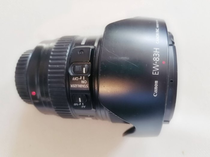 Camera lens with the lens hood reversed for storage