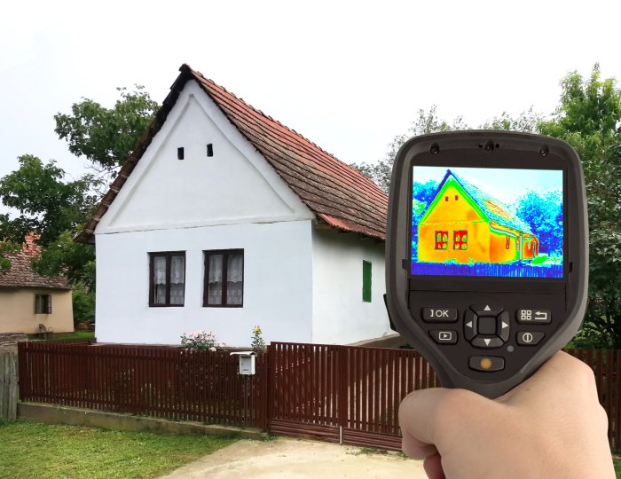 A thermal imagine camera showing the thermal image of a house