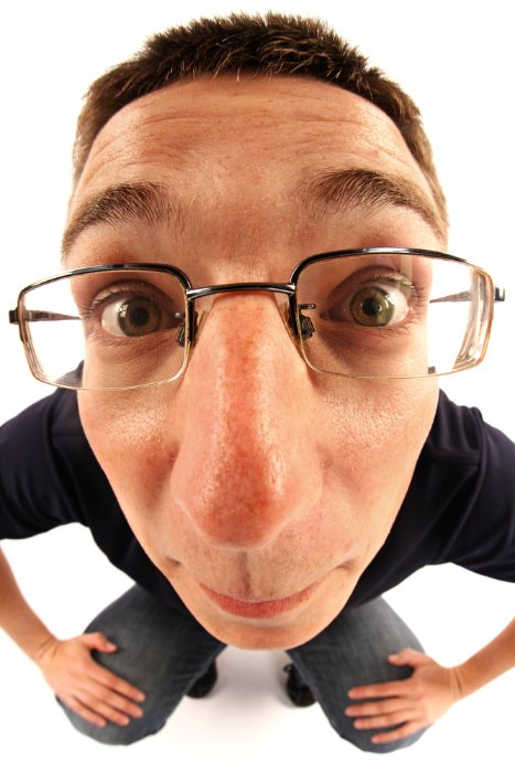 Amusing picture of a man so close to the camera that his nose is distorted