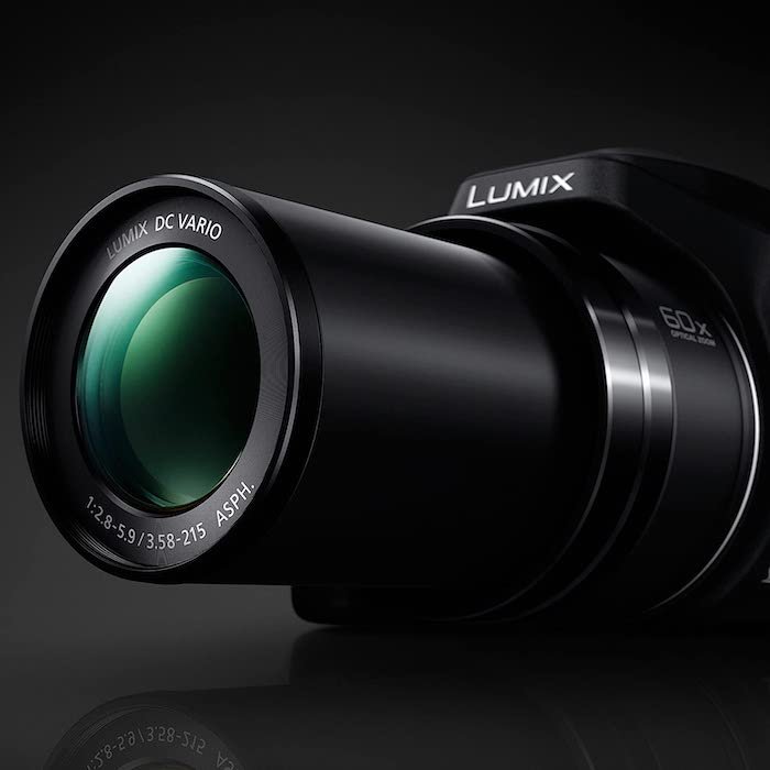 Close-up product shot of a Panasonic Lumix FZ80 bridge camera zoom lens