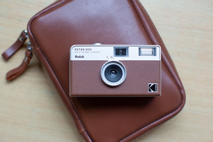 An image of a brown Kodak Ektar H35 on a brown wallet