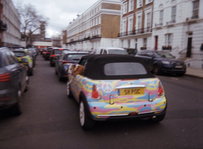 An image of a london street with a flashy mini car with a dog sticking its head out of the window