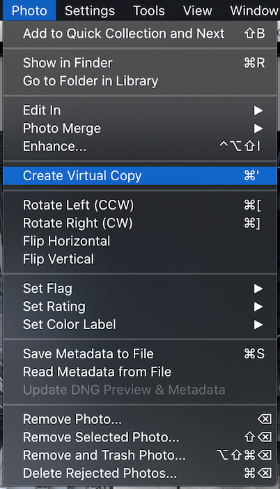 Screenshot or menu dropdown for creating a Virtual Copy in Lightroom Classic